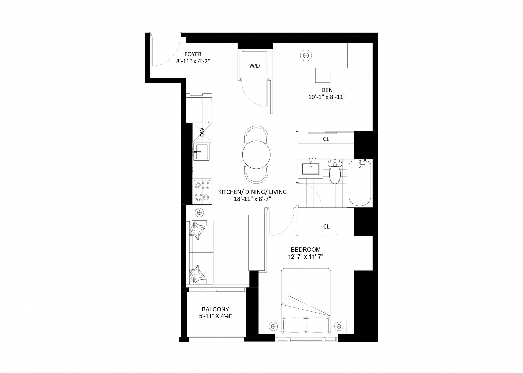 Floor plan for 1 bed, 2 baths, 633 sqft